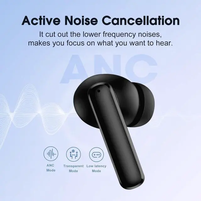 Alt view image 2 of 7 - T13 ANC Active Noise Cancelling Wireless Earbuds, Bluetooth 5.3 Headphones with 30H Playtime Charging Case, IPX5 Waterproof Ear Buds for iPhone and Android, Black