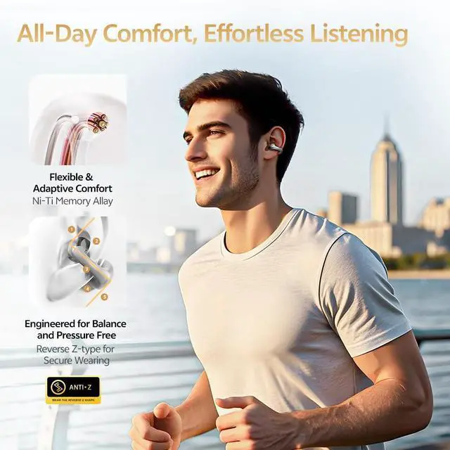Alt view image 5 of 7 - Crossky C30S Open Ear Earbuds, Ultra Comfort Clip On Ear Buds Wireless Bluetooth 6.0, LDAC Hi Res Audio, Deep Bass, 40H Playtime, Fast Charging, IPX5 Waterproof Sports/Running Earphones