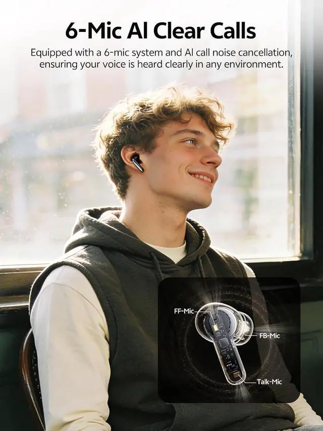 Alt view image 6 of 7 - MeloBuds N20 Active Noise Cancelling Wireless Earbuds, 50dB ANC Headphones with 6 Mics ENC Clear Call, 13mm Dynamic Driver, 40H Battery Life, Bluetooth 6.0 (Black)