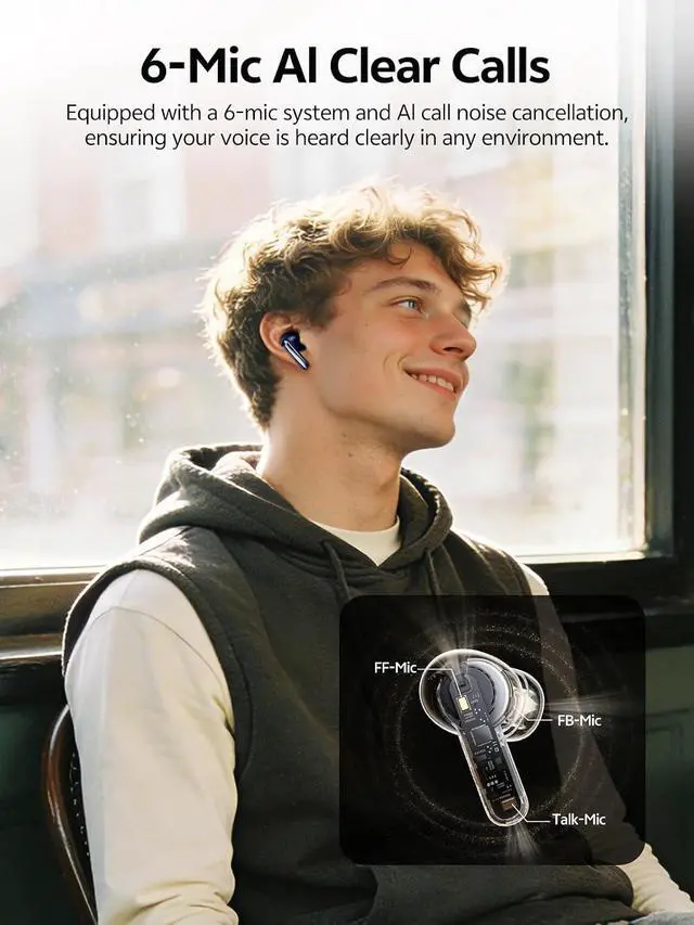 Alt view image 6 of 7 - MeloBuds N20 Active Noise Cancelling Wireless Earbuds, 50dB ANC Headphones with 6 Mics ENC Clear Call, 13mm Dynamic Driver, 40H Battery Life, Bluetooth 6.0 (Blue)
