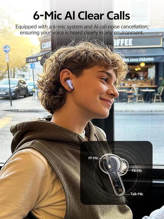 Alt view image 6 of 7 - MeloBuds N20 Active Noise Cancelling Wireless Earbuds, 50dB ANC Headphones with 6 Mics ENC Clear Call, 13mm Dynamic Driver, 40H Battery Life, Bluetooth 6.0 (Purple)