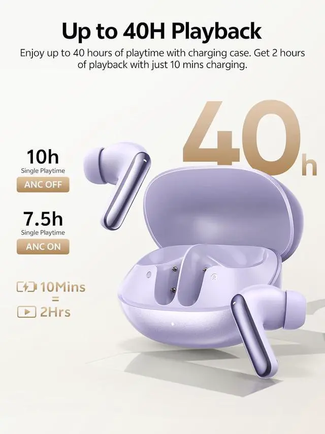 Alt view image 5 of 7 - MeloBuds N20 Active Noise Cancelling Wireless Earbuds, 50dB ANC Headphones with 6 Mics ENC Clear Call, 13mm Dynamic Driver, 40H Battery Life, Bluetooth 6.0 (Purple)