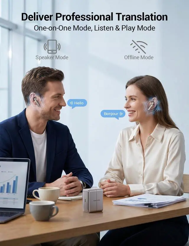 Alt view image 3 of 7 - W4 Translation Earbuds,Bone Voiceprint Sensor for Clear Voice in Noise, AI Translator Correction,Protected Privacy with Earbuds Cleaning Pen