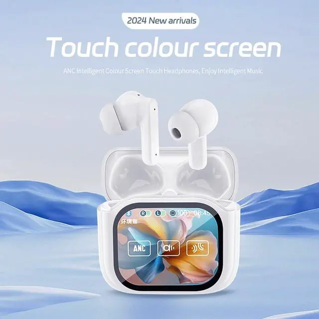Alt view image 2 of 7 - Wireless Touchscreen Earbuds with Smart Touch Screen Case TWS True Wireless Bluetooth 5.4 Headphones ANC Active Noise Cancelling Blue Tooth Earphones for iPhone Android