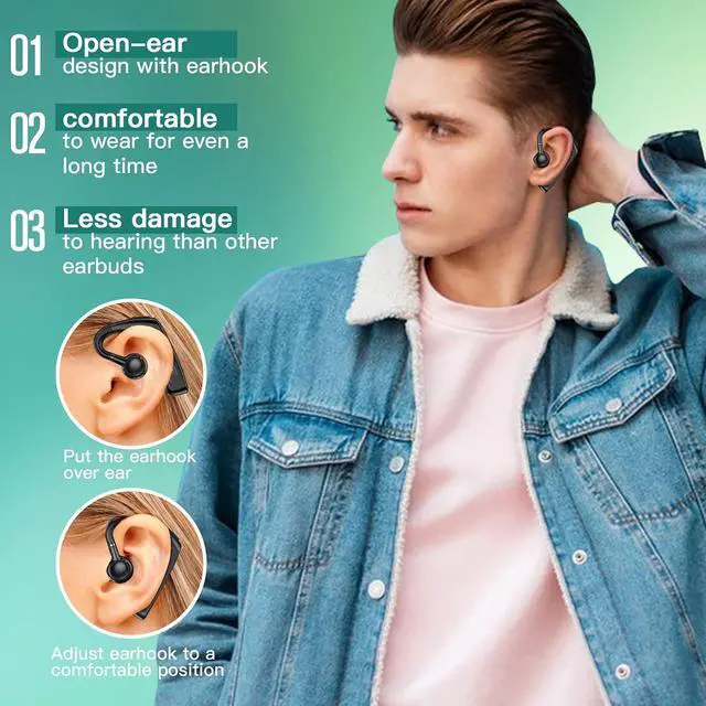 Alt view image 3 of 7 - Open Ear Headphones Bluetooth Single Bone Conduction Wireless Earbuds with Earhooks Microphone Earphones Waterproof Long Battery Life Earpiece for Workout Sports Running Android iOS Non Ear Plug Green
