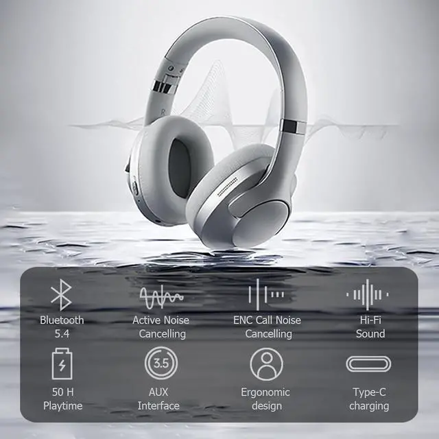 Alt view image 2 of 7 - Blue Hybrid Active Noise Cancelling Bluetooth ANC Headphones Wireless Noise Cancelling Over Ear Headphoens Headset Workout Gym Sound Cancelling Soundproof Headphones for Airplane Travel Gym Men Adults