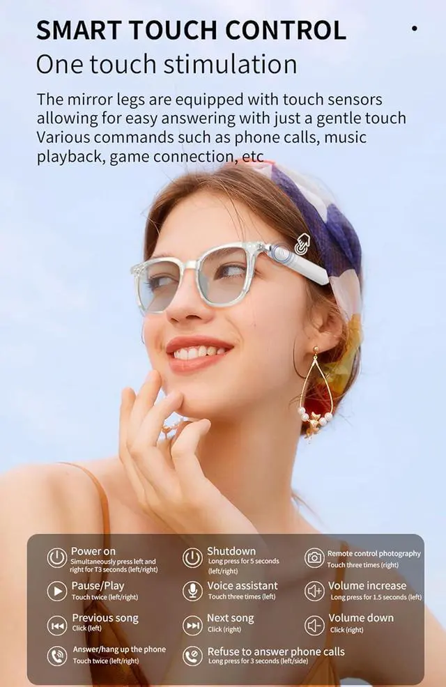 Alt view image 6 of 6 - Music Smart Glasses For Women Men Bluetooth Audio Glasses Headphones With Speakers Open Ear Headphones Bone Conduction Earbuds Bluetooth Eyeglasses Smart Glass