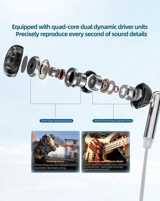 Alt view image 4 of 7 - Duet Wired Earbuds, Dual Dynamic in Ear Headphones with Mic 3.5 mm Jack | Noise Isolating, Ergonomic Custom Fit, USB C to 3.5mm Adapter Built in DSP with 4EQ for Music, Phone Calls, and Travel