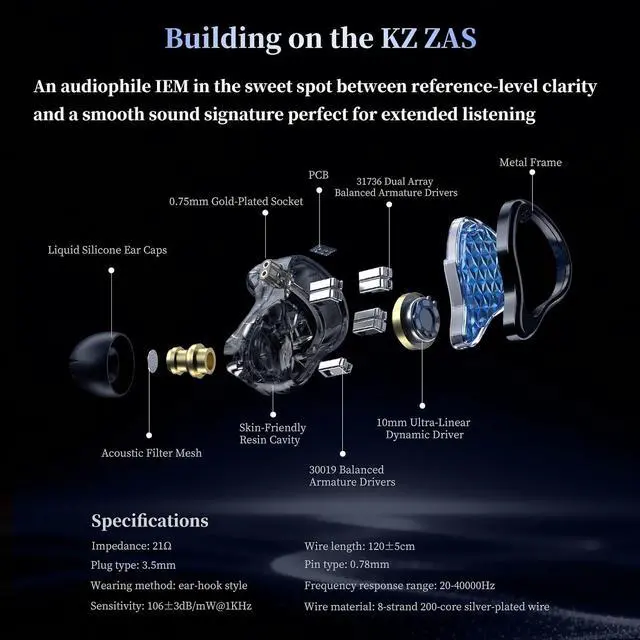 Alt view image 3 of 7 - ZAS Pro 7BA+1DD in Ear Monitor, 3.5mm Jack HiFi IEM with Mic, Black | Noise Isolation Earphone with Clear Sound, Comfort Secure in Ear Fit, 8 Core Detachable Cable for Musicians Audiophiles