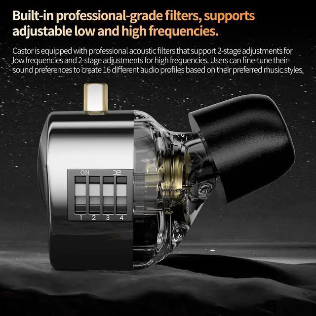Alt view image 7 of 7 - Castor in Ear Monitor Dual Dynamic Drivers Headphones with 4 Tuning Switches HiFi Noise Cancelling Earphones, Clarity in All Frequency Stereo Sound Earbuds for Audio Engineers, Musicians(Black)