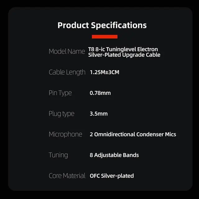 Alt view image 5 of 5 - G.K T8 IEM Cable, Dual Mic Silver Plated Upgrade Cable with 8 Level Electronic Tuning, 3.94ft in Ear Monitor Wire for ZS10 Pro ZAS Zax ZAR Or Other 2Pin 0.78mm IEMs (Nomic)