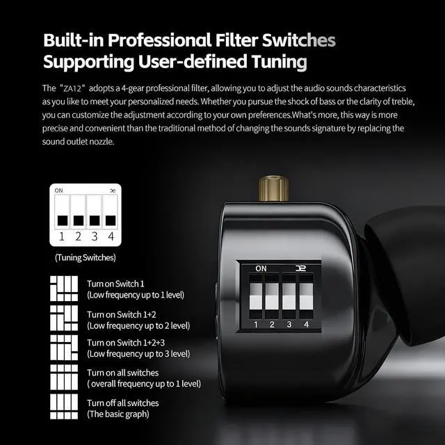 Alt view image 5 of 7 - ZA12 in Ear Monitor Headphones, 2DD+4BA Hybrid Drivers Sound Isolating IEM with 4 Level Tuning for Musicians, Engineers, DJs, Audiophile and Singers (Nomic, Tuning)
