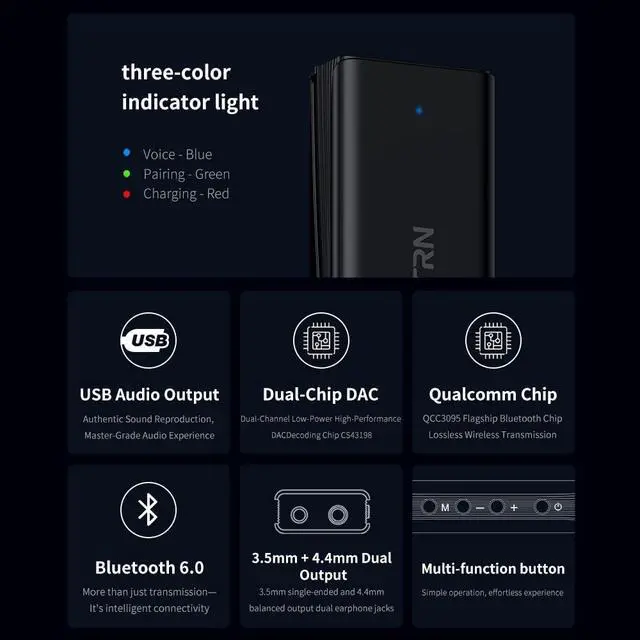 Alt view image 2 of 7 - Fanmusic TRN Wave QCC3095 + Dual CS43198 Portable DAC/AMP Supports Bluetooth 6.0 Decoder Earphone Amplifier 4.4mm/3.5mm Type C USB