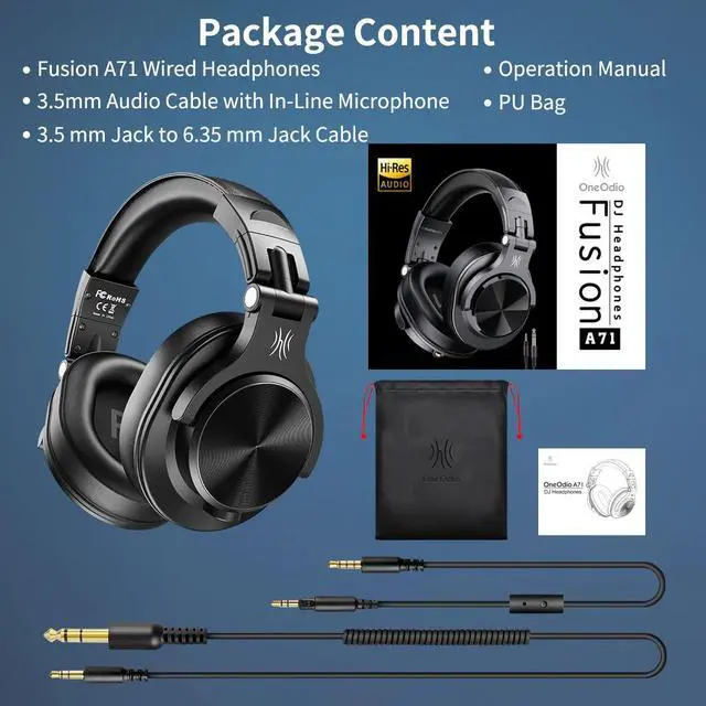 Alt view image 7 of 7 - A71 Hi Res Studio Recording Headphones Wired Over Ear Headphones with SharePort, Monitoring Mixing Foldable Headset with Stereo Sound, 3.5/6.35MM Jack for PC Computer DJ Guitar Black