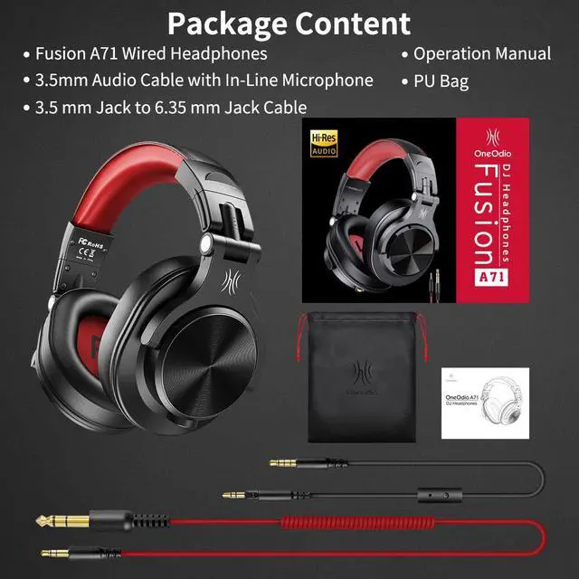 Alt view image 7 of 7 - A71 Hi Res Studio Recording Headphones Wired Over Ear Headphones with SharePort, Monitoring Mixing Foldable Headset with Stereo Sound, 3.5/6.35MM Jack for PC Computer DJ Guitar Red