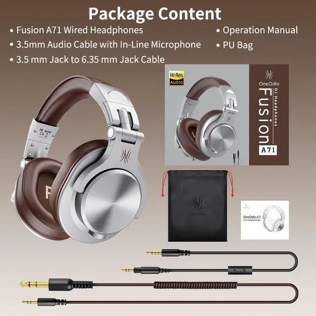 Alt view image 7 of 7 - A71 Hi Res Studio Recording Headphones Wired Over Ear Headphones with SharePort, Monitoring Mixing Foldable Headset with Stereo Sound, 3.5/6.35MM Jack for PC Computer DJ Guitar Silver