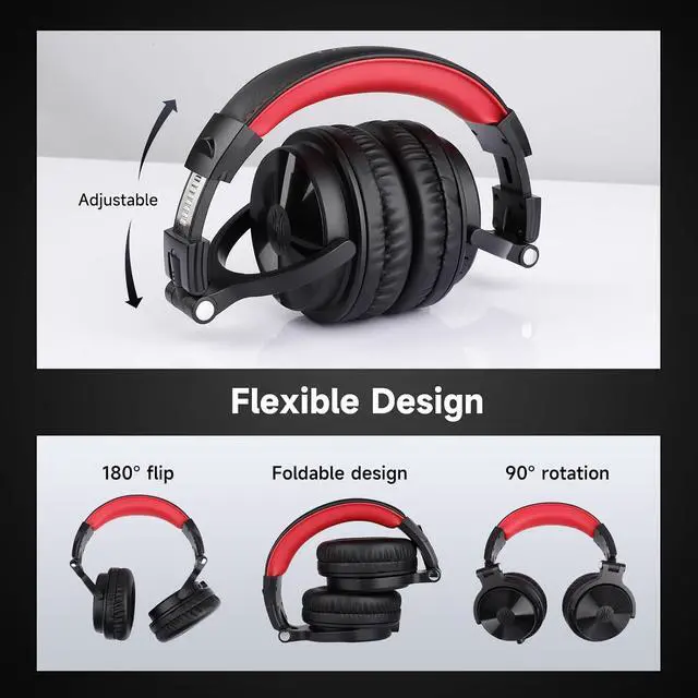 Alt view image 5 of 7 - Bluetooth Over Ear Headphones, 110 Hrs Wireless/Wired Stereo Sound Foldable Headsets with Deep Bass 50mm Neodymium Drivers for PC/Phone/Tablet Studio Wireless Pro C, Red