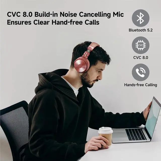 Alt view image 5 of 7 - Bluetooth Over Ear Headphones, 110 Hrs Wireless/Wired Stereo Sound Foldable Headsets with Deep Bass 50mm Neodymium Drivers for PC/Phone/Tablet Studio Wireless Pro C, Rose Gold