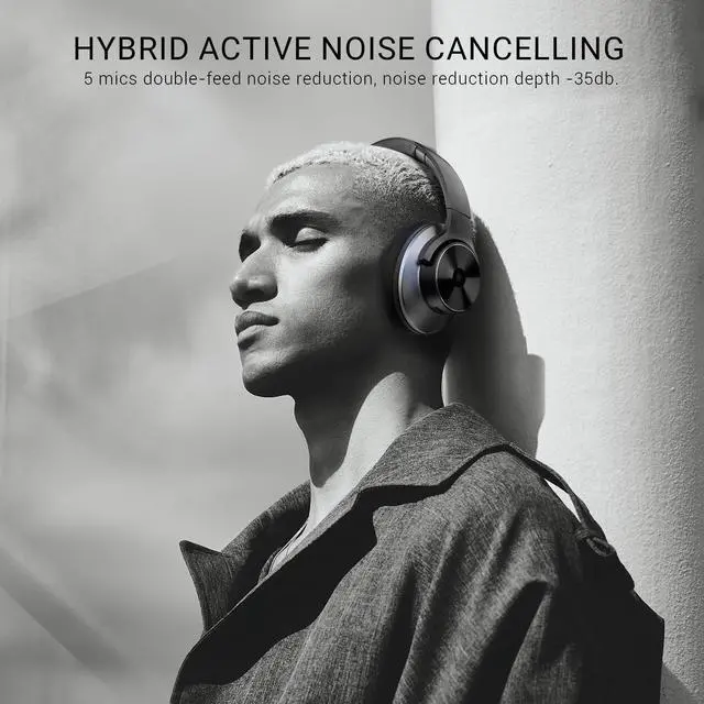Alt view image 2 of 7 - Focus A10 Hybrid Active Noise Cancelling Headphones, Wireless Over Ear Headphones with 62H Playtime, Fast Charging, Hi Res Audio, Clear Calls, Bluetooth & Wired Mode for Travel Work