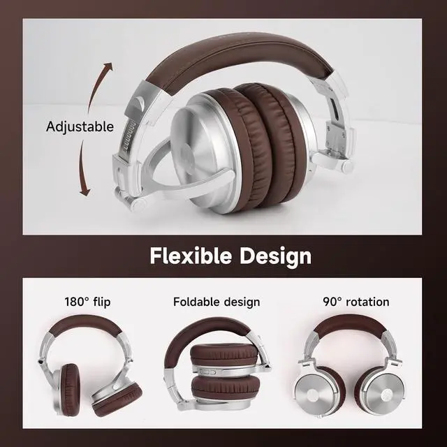 Alt view image 7 of 7 - Bluetooth Over Ear Headphones, 110 Hrs Wireless/Wired Stereo Sound Foldable Headsets with Deep Bass 50mm Neodymium Drivers for PC/Phone/Tablet Studio Wireless Pro C, Silver