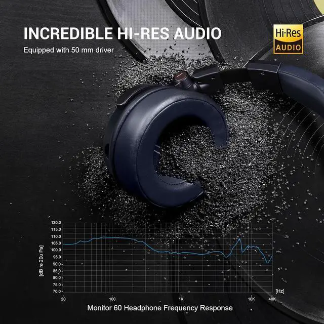 Alt view image 7 of 7 - Monitor 60 Professional Studio Headphones Recording Wired Over Ear Headphones, Hi Res Audio, Soft Comfortable Earmuffs, 6.35mm Adapter for Tracking Mixing DJ Mastering Broadcast Navy Blue