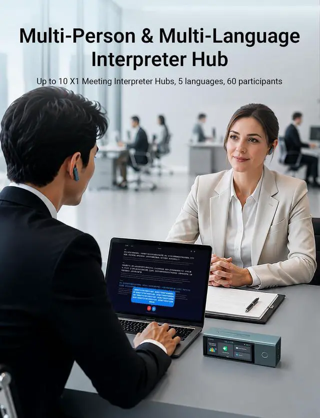 Alt view image 2 of 7 - X1 Meeting AI Translation Voice Recorder,No Subscription Audio Device with Bone Conduction for Voice Capture,52 Languages,Multi Point Pick up,Preset Speaker Labeling&Secure Wired Export