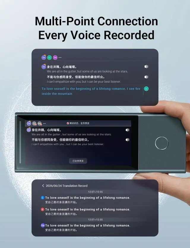 Alt view image 4 of 7 - X1 Meeting AI Translation Voice Recorder,No Subscription Audio Device with Bone Conduction for Voice Capture,52 Languages,Multi Point Pick up,Preset Speaker Labeling&Secure Wired Export