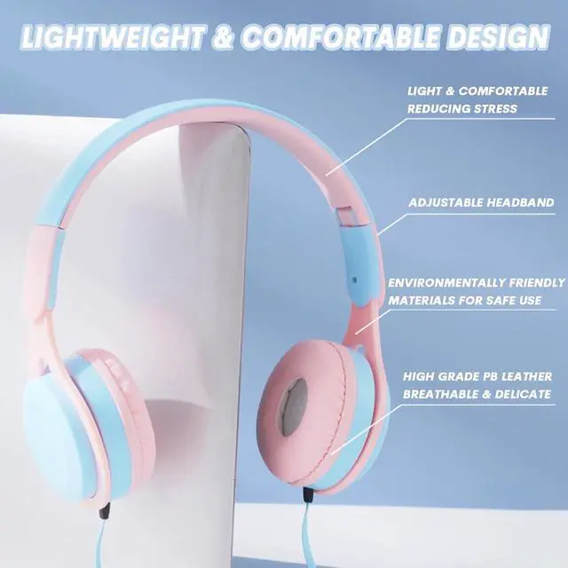 Alt view image 6 of 7 - Pink Kids Headphones, 3.5mm Jack Over Ear Headphones Wired for Kids for School, Toddler Earphones Adjustable Headband for Plane Travel, Suit for Boys, Girls, Classroom Students Teens Children