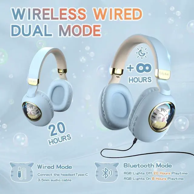 Alt view image 4 of 7 - Girls Wired Headphones With Microphone Blue Gaming Headset for Kids, School Noise Cancelling, Over Ear, Wireless, Bluetooth Earbuds (Blue Gold)
