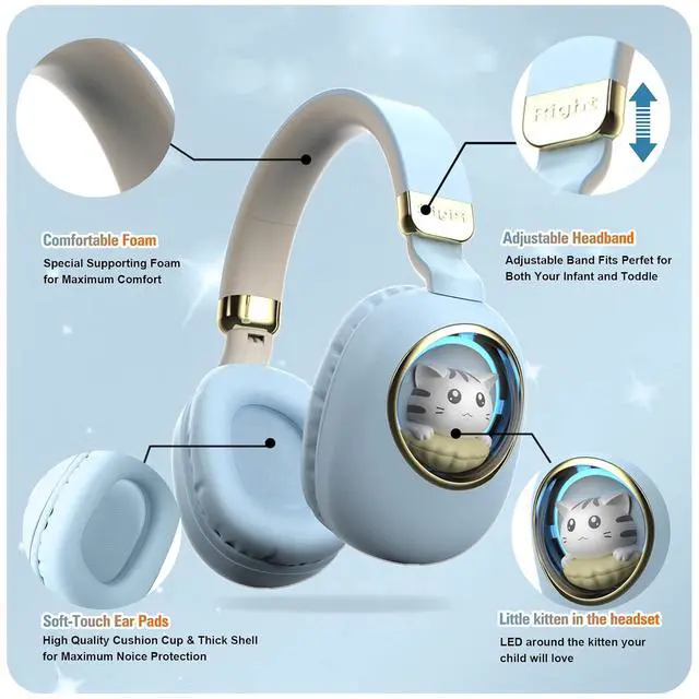 Alt view image 6 of 7 - Girls Wired Headphones With Microphone Blue Gaming Headset for Kids, School Noise Cancelling, Over Ear, Wireless, Bluetooth Earbuds (Blue Gold)