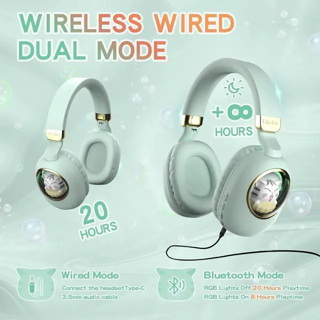 Alt view image 3 of 7 - Girls Green Gaming Headset with Microphone Wired & Wireless Noise Cancelling Over Ear Headphones for Kids & School Bluetooth Earbuds