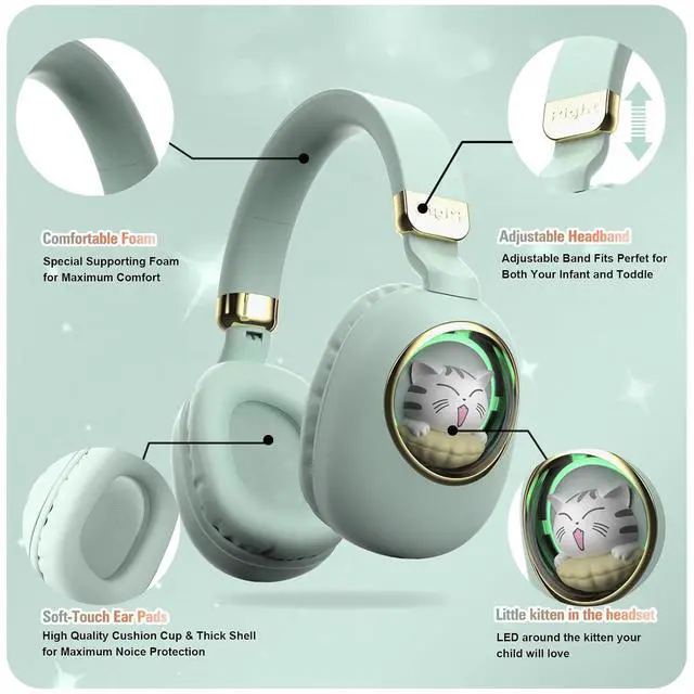 Alt view image 7 of 7 - Girls Green Gaming Headset with Microphone Wired & Wireless Noise Cancelling Over Ear Headphones for Kids & School Bluetooth Earbuds