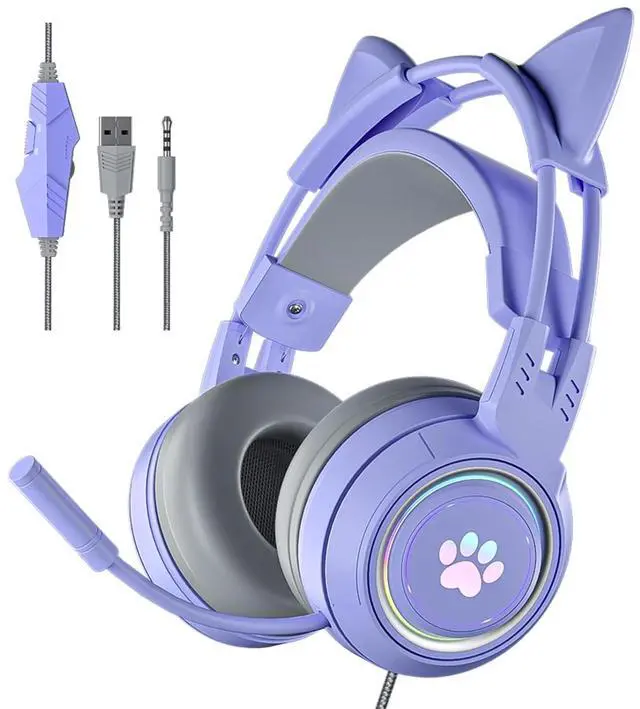 Main image of Cat Ear Headphones Purple Gaming Headset with Mic for Switch Xbox One PS4 PS5, Cute Girl Kids Wired Headphones Light up Kawaii Kitty Noise Cancelling Headphones for Gamer PC Laptop