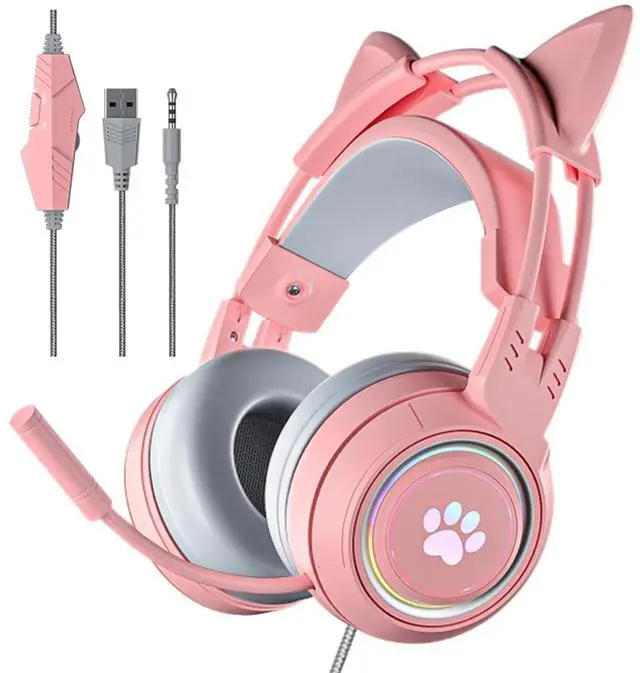Main image of Cat Ear Headphones Pink Gaming Headset with Mic for Switch Xbox One PS4 PS5, Cute Children Girl Kids Wired Headphones Light up Kawaii Kitty Noise Cancelling Headphones for Gamer PC Laptop
