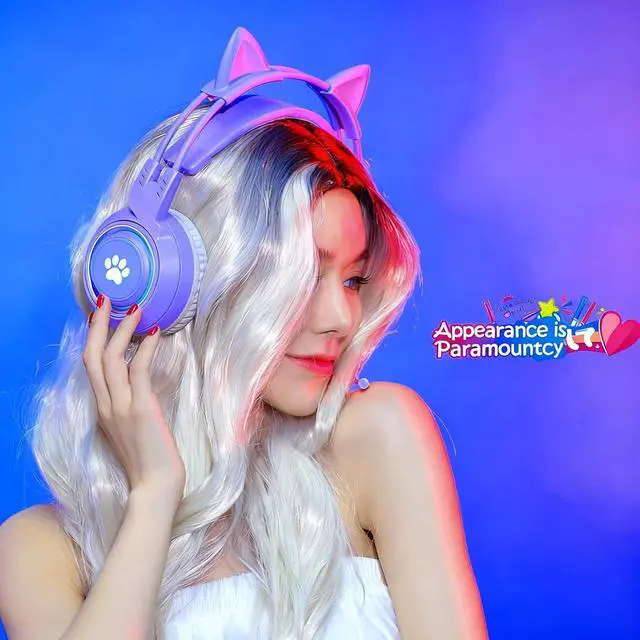 Alt view image 7 of 7 - Cat Ear Headphones Purple Gaming Headset with Mic for Switch Xbox One PS4 PS5, Cute Girl Kids Wired Headphones Light up Kawaii Kitty Noise Cancelling Headphones for Gamer PC Laptop
