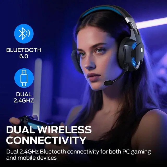 Alt view image 4 of 7 - Monster Mission 300 Wireless Gaming Headset, 2.4GHz/Bluetooth Headphones,Low Latency, Stereo, Audio Location Recognition, 48H Battery Life, Suitable for PS5, PC, PS4 and Other Gaming Devices