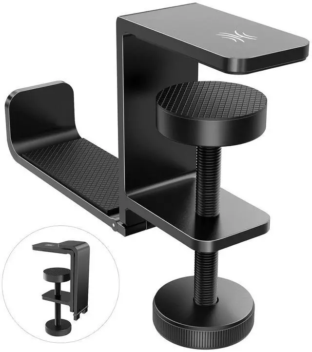 Main image of MTL99 Foldable Headphone Stand, Metal Headset Holder Space Saving Table Hook, Clamp on Under Desk Hanger, Universal Fit Gaming Headphones Mount, Black