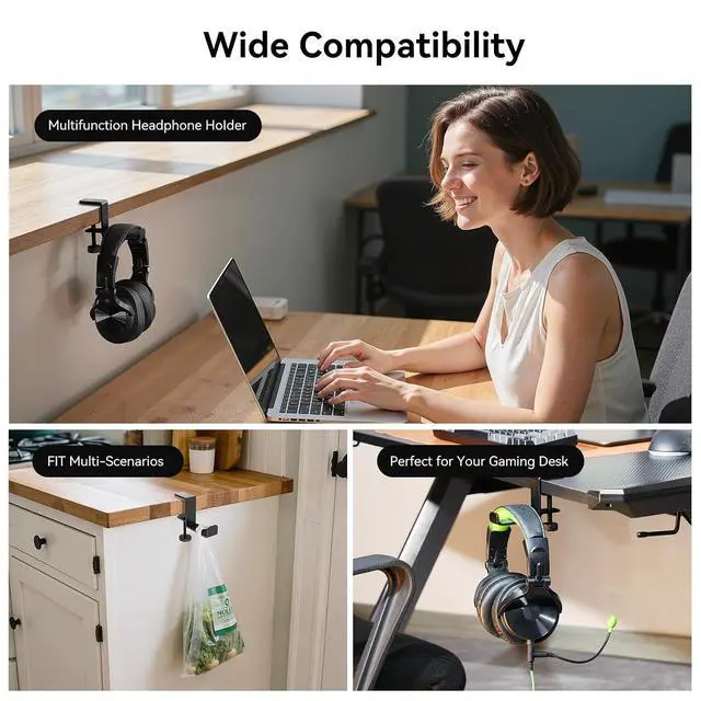 Alt view image 3 of 7 - MTL99 Foldable Headphone Stand, Metal Headset Holder Space Saving Table Hook, Clamp on Under Desk Hanger, Universal Fit Gaming Headphones Mount, Black