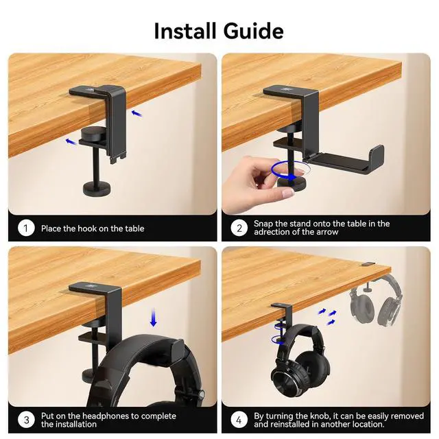 Alt view image 5 of 7 - MTL99 Foldable Headphone Stand, Metal Headset Holder Space Saving Table Hook, Clamp on Under Desk Hanger, Universal Fit Gaming Headphones Mount, Black