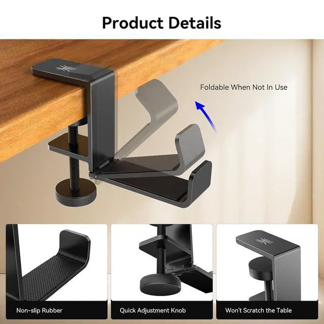 Alt view image 4 of 7 - MTL99 Foldable Headphone Stand, Metal Headset Holder Space Saving Table Hook, Clamp on Under Desk Hanger, Universal Fit Gaming Headphones Mount, Black