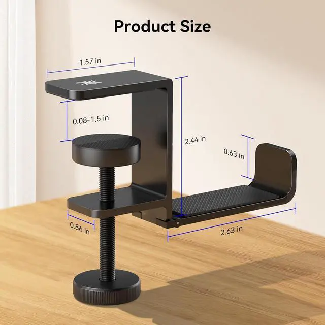 Alt view image 7 of 7 - MTL99 Foldable Headphone Stand, Metal Headset Holder Space Saving Table Hook, Clamp on Under Desk Hanger, Universal Fit Gaming Headphones Mount, Black