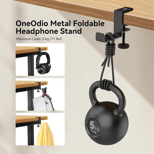 Alt view image 6 of 7 - MTL99 Foldable Headphone Stand, Metal Headset Holder Space Saving Table Hook, Clamp on Under Desk Hanger, Universal Fit Gaming Headphones Mount, Black