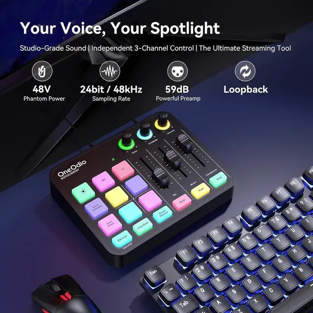 Alt view image 2 of 7 - Solocaster Gaming Audio Mixer 5 Channel Interface with 48V Phantom Power, Bluetooth, RGB Lighting, 3.5mm/XLR/USB C, for Beginner Streaming/Podcast/Karaoke on PC, Mac, Mobile