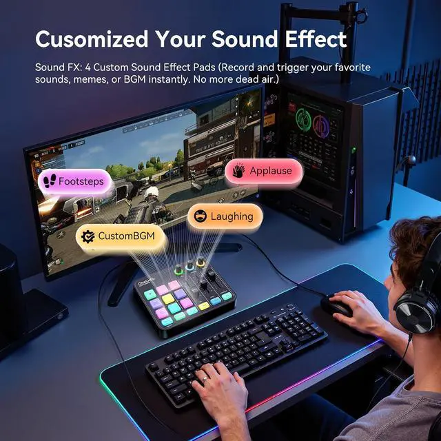 Alt view image 5 of 7 - Solocaster Gaming Audio Mixer 5 Channel Interface with 48V Phantom Power, Bluetooth, RGB Lighting, 3.5mm/XLR/USB C, for Beginner Streaming/Podcast/Karaoke on PC, Mac, Mobile