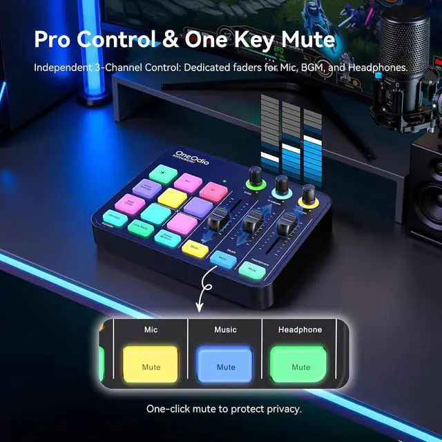 Alt view image 7 of 7 - Solocaster Gaming Audio Mixer 5 Channel Interface with 48V Phantom Power, Bluetooth, RGB Lighting, 3.5mm/XLR/USB C, for Beginner Streaming/Podcast/Karaoke on PC, Mac, Mobile