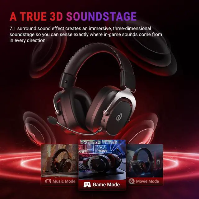Alt view image 3 of 7 - Heroad VT200 Gaming Headset for PC: 53mm Neodymium Drivers Detachable Noise Canceling Microphone 2.4G/Bluetooth 6.0/Wired Compatible for PS4/PS5, Switch, Xbox 7.1 Surround Sound
