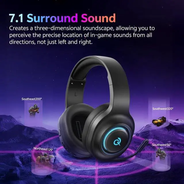 Alt view image 2 of 7 - Gaming Headset for PC/PS5/PS4/Switch, HEROAD V200 Over Ear Headphones, USB C, 240Hr Battery, 7.1 Surround Sound, 2.4GHz Wireless Headphones for Multi Platform, Bluetooth 6.0