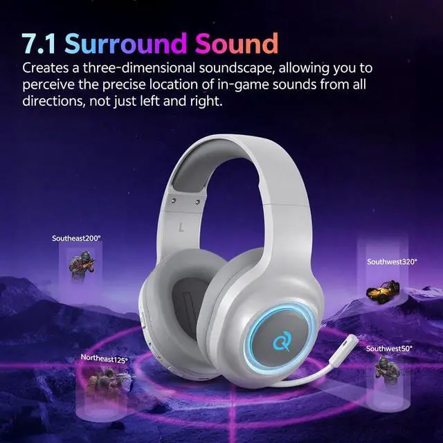 Alt view image 2 of 7 - Gaming Headset for PC/PS5/PS4/Switch, HEROAD V200 Over Ear Headphones, USB C, 240Hr Battery, 7.1 Surround Sound, 2.4GHz Wireless Headphones for Multi Platform, Bluetooth 6.0