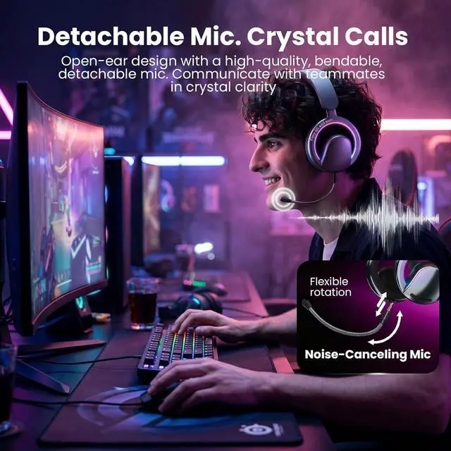 Alt view image 6 of 7 - Open Ear Open Back Headphones Wireless Bluetooth Gaming Headset with Mic for PC Switch Xbox One PS4 PS5, 3.5mm Wired Breathable Lightweight Over Ear Headphones with Microphones Adjustable RGB Light
