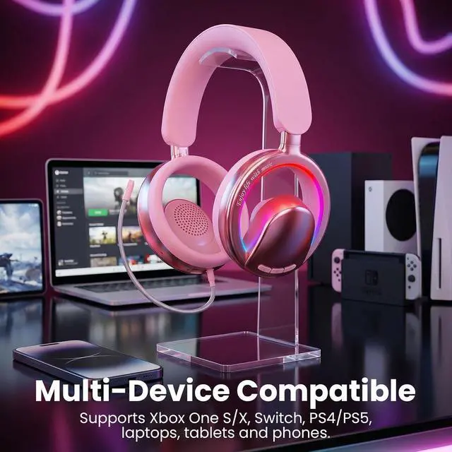 Alt view image 7 of 7 - Open Ear Open Back Headphones Wireless Bluetooth Gaming Headset with Mic for PC Switch Xbox One PS4 PS5, 3.5mm Wired Breathable Lightweight Over Ear Headphones with Microphones Adjustable RGB Light
